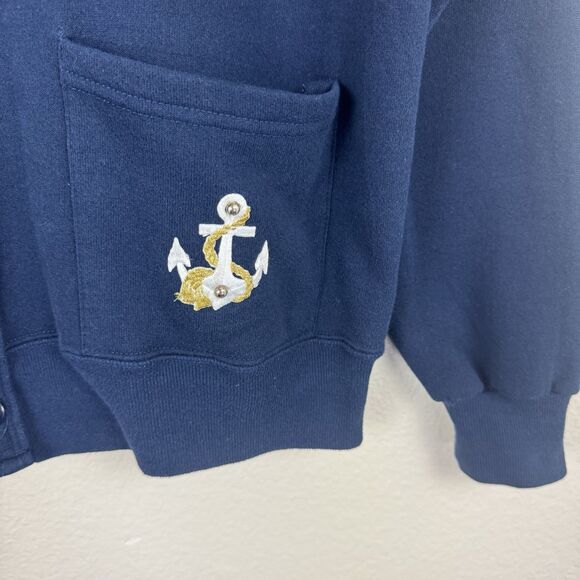 Vintage 90s Jerzees Embroidered Nautical Anchor Sweatshirt Cardigan Navy Blue OS - Picture 7 of 16